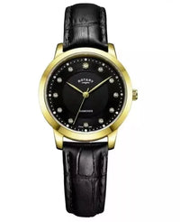 Rotary Ladies Diamond Set Black Leather Strap Watch Women's