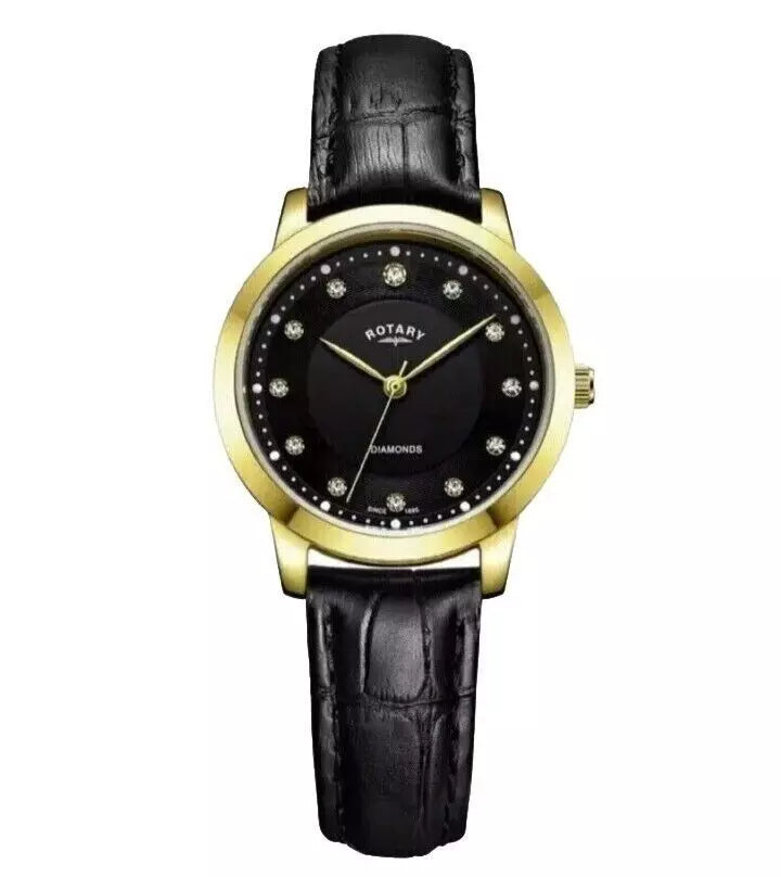 Rotary Ladies' Diamond Set Dial Black Leather Strap Watch