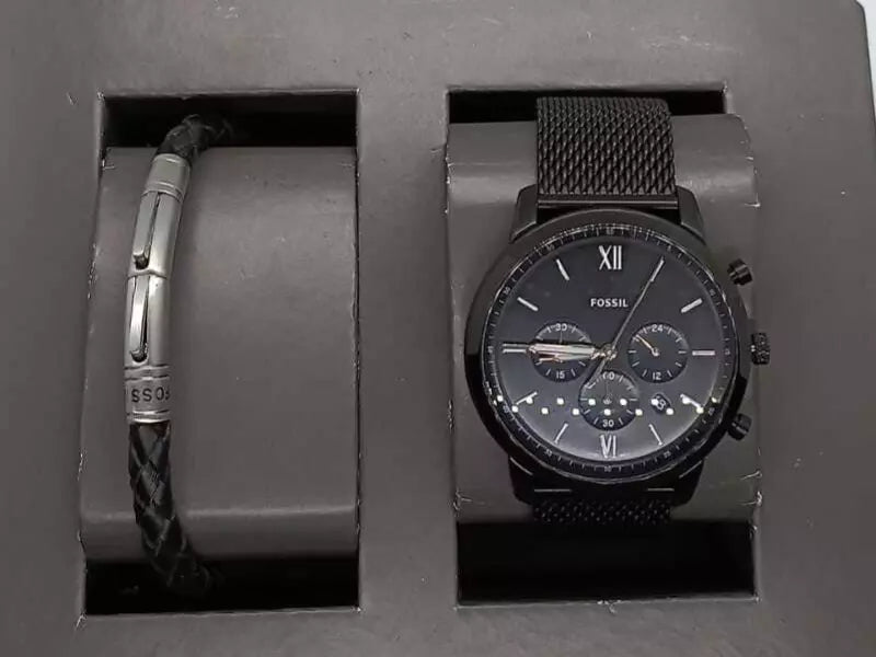 Fossil Mens Black Stainless Steel Mesh Watch and Leather Bracelet Set