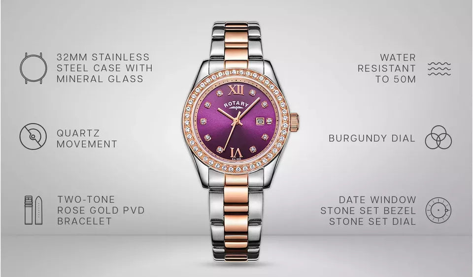 Rotary Ladies Two Tone Rose Gold Plated Bracelet Watch