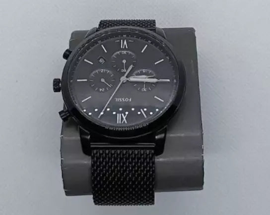 Fossil Mens Black Stainless Steel Mesh Watch and Leather Bracelet Set