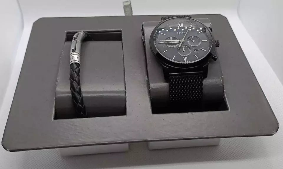 Fossil Mens Black Stainless Steel Mesh Watch and Leather Bracelet Set